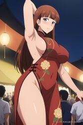 1girls ai_generated anime blue_eyes blush breasts brown_hair cheongsam china_dress female festival girl hand_behind_head lee_joo_hee sideboob solo_leveling thighs wallpaper