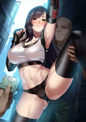 alleyway armpit arms_up ass atelier30 bangs black_hair black_panties blush breasts compression_sleeve dark-skinned_male final_fantasy final_fantasy_vii final_fantasy_vii_remake from_behind gloves grabbing_from_behind half-closed_eyes held hot_breath huge_breasts large_breasts leg_grab legs_held_open long_hair money obscured_face offering_money panties pantyshot ponytail pose public pussy_bulge smile smirk stomach straight_hair suspenders tank_top thick_thighs thighhighs thighs tifa_lockhart tight_clothing very_long_hair visible_breath