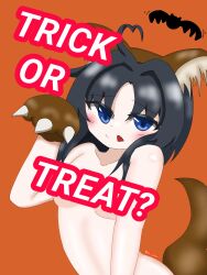 1girls anal_tail arm_up bat black_hair blue_eyes blush collarbone color convenient_censoring digital_media_(artwork) galaxy_gals halloween halloween_costume headband huntress_terun light_skin nude nyanko_daisensou paw_mitts short_hair shoulders small_breasts smile tail teenager text the_battle_cats tongue tongue_out trick_or_treat wolf_ears