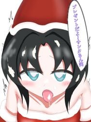 1girls after_fellatio after_sex black_hair blue_eyes blush bukkake christmas color cum cum_in_hair cum_in_mouth cum_on_face digital_media_(artwork) galaxy_gals gloves heart heart-shaped_pupils huntress_terun japanese_text light_skin looking_at_viewer motion_lines nyanko_daisensou santa_hat short_hair talking_to_viewer teenager the_battle_cats tongue tongue_out zki