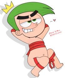 belly_button big_butt christmas christmas_outfit cosmo_cosma crown fairy green_eyes green_hair male_focus male_only nickelodeon red_bondage restrained smaller_male the_fairly_oddparents the_fairly_oddparents:_a_new_wish thick_eyebrows thick_thighs wrapped_up wrapping_paper