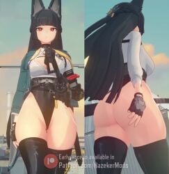 1girls 3d animated black_hair black_thighhighs cleavage fingerless_gloves fox_ears fox_girl hazeker hoshimi_miyabi huge_ass leotard medium_breasts mod mp4 red_eyes shorter_than_10_seconds sword tagme thighhighs video walking zenless_zone_zero