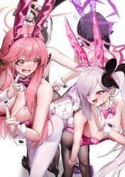 4girls 4girls1boy artist_request aru_(blue_archive) ass bare_shoulders big_ass big_breasts black_bunny_ears black_legwear black_pantyhose blue_archive blush blushing_female bunnysuit confused confused_expression confused_face doodle_sensei_(blue_archive) fake_animal_ears fake_rabbit_ears feet feet_out_of_frame females females_focus halo hand_on_leg haruka_(blue_archive) high_heels huge_breasts kayoko_(blue_archive) legwear long_hair multiple_girls mutsuki_(blue_archive) pantyhose petite petite_body petite_breasts petite_female pink_bunny_ears pink_bunnysuit pink_hair pink_halo pink_ribbon playboy_bunny purple_hair ribbon sensei_(blue_archive) shoulders smug_face students students_and_teacher suffocating suffocation teenager white_background white_hair white_legwear white_pantyhose