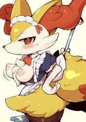 anthro areola biped black_body blush bodily_fluids braixen breasts clothing female fur generation_6_pokemon inner_ear_fluff looking_at_viewer maid_uniform multicolored_body multicolored_fur nekoyuu nintendo nipples orange_body orange_fur orange_tail pink_areola pink_nipples pokemon pokemon_(species) simple_background solo sweat sweatdrop tail tuft uniform white_background white_body white_fur yellow_body yellow_fur yellow_tail