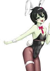 1boy bulge bunnysuit fake_animal_ears femboy green_eyes green_skin indie_virtual_youtuber rabbit_hole_(vocaloid) ritspi solo_focus vedal987 virtual_youtuber