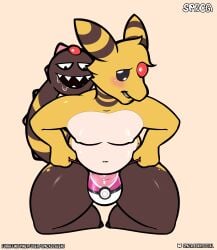 absurd_res ampharos anthro balls big_balls clothing digital_media_(artwork) forehead_gem gem generation_2_pokemon genitals girafarig hi_res hybrid_pokemon living_tail love_ball male mammal nintendo nipples pokeball pokemon pokemon_(species) simple_background smile solo spaca tail tail_mouth thick_thighs unusual_anatomy unusual_tail yakob_(farran_height)