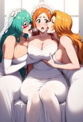 3girls ai_generated big_ass big_breasts big_butt bleach bleach:_the_thousand-year_blood_war blush blushing_female blushing_profusely breasts_to_breasts breasts_touching breath bubble_ass bubble_butt cleavage deep_cleavage dripping female female_only fff_threesome group_marriage huge_ass huge_breasts inoue_orihime kissing large_breasts married massive_breasts matsumoto_rangiku more_than_one_spouse multiple_girl_marriage multiple_partners narrow_waist nelliel_tu_odelschwanck on_bed one_piece open_mouth polyamory saliva saliva_drip saliva_trail self_upload sweatdrop sweating sweaty sweaty_body sweaty_breasts sweaty_butt thick_nipples thick_thighs threesome tongue tongue_kiss tongues_touching wedding_dress wide_hips yeetyboi5000 yuri