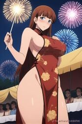 ai_generated anime blue_eyes blush breasts brown_hair female festival girl lee_joo_hee sideboob solo_leveling thighs wallpaper