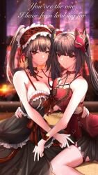 2d 2d_(artwork) 2girls black_hair breasts cleavage date_a_live dress female_only headband heterochromia honkai:_star_rail light-skinned_female long_hair medium_breasts red_eyes sparkle_(honkai:_star_rail) thighs tokisaki_kurumi twintails