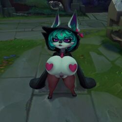 3d animal_ears animal_nose black_clothing clothed clothing covered_nipples female green_body green_hair hoodie huge_breasts humanoid league_of_legends riot_games shortstack solo tencent vex_(league_of_legends) wide_hips yordle