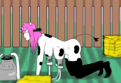 anthro anthro_cow bovine cattle cow_girl cowgirl farm girl_cow heifer horns milk milking milking_machine milking_station pink_hair