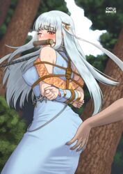 1girls arms_behind_back ass ass_grab bdsm bit_gag blush bondage breasts carlo_montie chained erect_nipples female fire_emblem fire_emblem:_the_blazing_blade gag grabbing groping helpless hostage kidnapped ninian_(fire_emblem) restrained rope saliva tied_up