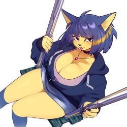 2024 animal_crossing ankha ankha_(animal_crossing) black_eyes blue_hair breasts cleavage feline female female_only furry nintendo pakusta short_hair swing thick_thighs thighs tongue tongue_out tongue_piercing white_background yellow_fur