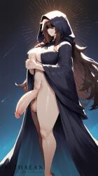 1futa ai_generated althaean braid brown_hair clasped_hands cleavage cleavage_overflow glowing hidden_eyes highres hood_up hooded_robe large_breasts large_penis large_testicles mysterious open_robe original_character praying single_braid smile smiling space tagme thick_thighs very_long_hair void voluptuous voluptuous_futanari