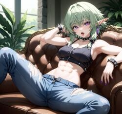 abs ai_generated chocolate443 choker collar female goblin_slayer high_elf_archer_(goblin_slayer) jeans legs_apart open_mouth pants sitting stomach teeth unbuttoned