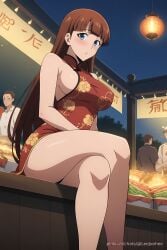 ai_generated anime blue_eyes blush breasts brown_hair female festival girl lee_joo_hee sideboob solo_leveling thighs wallpaper