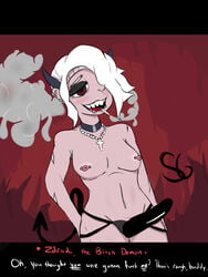 cigarette demon devil_tail eyeshadow femdom hair_over_one_eye helltaker horns imminent_pegging nipples pegging pierced_ears pierced_nipples red_skin scars scribblygumbo smoking strap-on teeth threatening toothy_grin white_hair zdrada_(helltaker)