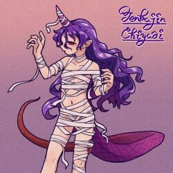 blood horn mummy_wrappings pointy_ears purple_hair small_breasts tail tenkajin_chiyari