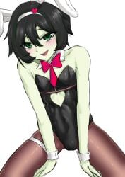 1boy bunnysuit fake_animal_ears femboy green_eyes green_skin indie_virtual_youtuber rabbit_hole_(vocaloid) ritspi solo_focus straddling vedal987 virtual_youtuber