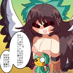 antennas big_breasts big_female_small_male big_thighs blush brown_hair cat_tail catboy closed_eyes crossover cute green_bowtie green_suit hebereke hell_raven japanese_text naked_female nervous nipples open_mouth orange_fur patting patting_head pink_antennae pixelated raven_wings scared_expression smile startled sunosunday sweat touhou trying_to_calm utsuho_reiuji utsujin_(hebereke) wings