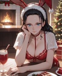 ai_generated akira_hentai big_breasts bunny_ears christmas christmas_clothing christmas_outfit christmas_tree date date_night dating dating_sim dining_room female female_only looking_at_viewer nico_robin romantic thick_breasts