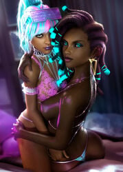 1girls 3d alternate_costume aqua_hair ass ass_grab big_breasts dark-skinned_female dark_skin dreadlocks duo eyelashes eyewear_on_head fringe hoop_earrings league_of_legends lesbian looking_at_viewer makeup panties petite pink_hair ponytail purple_eyeshadow purple_lipstick qiyana_yunalai riot_games senna_(league_of_legends) sevenbees sunglasses_on_head tan-skinned_female tan_skin teenager true_damage_qiyana true_damage_senna true_damage_series two_tone_hair yellow_eyes yuri