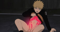 1boy balls blonde_hair blue_eyes body_markings erection jacket jacket_lift male male_only naruto naruto_(series) naruto_shippuden no_bra no_panties penis penis_markings renachos screenshot_edit shirt_lift shirt_up solo solo_focus solo_male testicles uzumaki_naruto whisker_markings whiskers