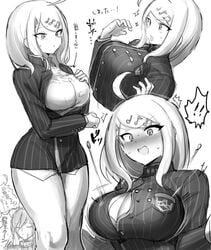 !! ahoge akamatsu_kaede big_breasts black_clothing blush breasts cleavage clothed clothing danganronpa danganronpa_v3 female monochrome new_danganronpa_v3 popped_button saihara_shuuichi straight_hair suurin_(ksyaro) wardrobe_malfunction