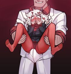 1boy 1girls black_horns blushing bulge demon demon_girl demon_horns embarrassed erection erection_under_clothes female hair heart heart-shaped_pupils helltaker helltaker_(character) horns kkamja larger_male male modeus_(helltaker) no_pants panties panties_under_pantyhose pantyhose penis penis_bulge red_eyes red_pantyhose size_difference spread_legs straight_hair white_hair