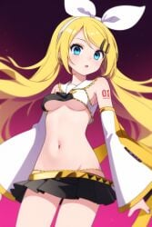 adapted_costume ai ai_generated blonde_hair groin kagamine_rin kagamine_rin_(future_style) long_hair midriff miniskirt navel skirt underboob vocaloid