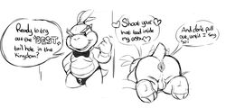 anthro ass ass_up balls bow_tie bowser_jr. dialogue dirty_talk english_text genitals hi_res koopa male male_only mario_(series) monochrome nintendo nokemop one_eye_closed presenting scalie solo speech_bubble talking_to_viewer text video_games wink