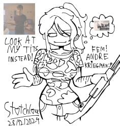 andre_kriegman big_breasts big_thighs bouncing_breasts busty busty_female clothed_female gun holding_object holding_shotgun imminent_suicide long_hair ponytail reference_image rule_63 school_shooter self_harm self_harm_scars sketch smug smug_face stotchlove watermark zero_day