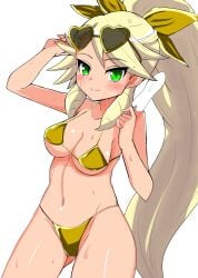 1girls belly belly_button bikini blonde_hair blush breasts cameltoe chibiharin collarbone color digital_media_(artwork) drill_hair extremely_long_hair female female_only firm_breasts fit_female galaxy_gals golden_bikini hair_ornament hand_on_hip heart-shaped_sunglasses large_breasts light_skin lightly_tanned long_hair looking_at_viewer micro_bikini myrcia nyanko_daisensou open_mouth ponytail popsicle posing rich_girl shoulders smile sunglasses sunglasses_on_head sweat teenager the_battle_cats thick_thighs thighs white_background