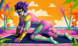 1boy all_fours armor ass backsack balls beach beach_towel bedroom_eyes big_ass big_penis green_skin humanoid jojo's_bizarre_adventure male male_only muscular pecker_tracks pink_skin purple_hair solo solo_male stand_(jjba) star_platinum stone_ocean voidlesky yellow_eyes