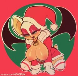 2024 bat bat_girl big_breasts blue_eyes breasts breasts_out christmas female female_only furry green_background hmiokun mittens necklace nipples red_background red_eyeshadow red_lips red_lipstick rouge_the_bat santa_costume santa_hat sega sonic_(series) sonic_the_hedgehog_(series) thighs white_fur white_hair