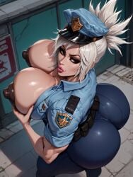 ai_generated big_ass big_breasts big_nipples brown_eyes league_of_legends outside police_uniform rampage0118_(style) riven