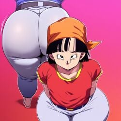 1girls ai_generated ass ass_focus ass_up big_ass big_butt black_eyes black_hair bubble_ass bubble_butt d-art_style dragon dragon_ball dragon_ball_gt fat_ass fat_butt female female_only jeans pan_(dragon_ball) red_shirt short_hair smug solo thick_ass thick_thighs zeca997