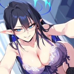 1girls ai_generated big_breasts black_hair blue_archive blue_eyes breasts elf_ears female female_focus glasses halo huge_breasts large_breasts light-skinned_female long_hair pointy_ears rin_(blue_archive) smiling