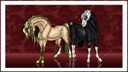 16:9 abstract_background black_body black_mane blue_eyes duo equid equine female feral flower flower_in_mouth green_eyes green_hooves green_mane hooves horse leg_markings male mammal mane markings mouth_closed plant rose_(flower) rose_in_mouth scarlanya socks_(marking) tan_body white_mane widescreen