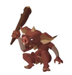 anthro balls blin_(tloz) bokoblin bottomwear breath_of_the_wild clothed clothing club_(weapon) crouching erection genitals hi_res horn humanoid_genitalia humanoid_penis ineffective_clothing ineffective_loincloth jewelry loincloth loincloth_only male melee_weapon necklace nintendo penis red_body solo the_legend_of_zelda tongue tongue_out topless weapon wood zyrusfluf