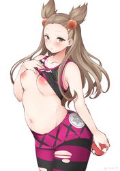 1girls areolae blush breasts brown_eyes brown_hair cosplay eye_contact female jasmine_(pokemon) long_hair looking_at_viewer marnie_(pokemon)_(cosplay) nintendo nipples pants pokemon pokemon_gsc pokemon_hgss rkdrid shirt_lift solo standing thick_thighs thighs torn_clothes white_background