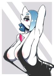 2024 arm_up armpits beauty_mark big_breasts black_dress black_eyeshadow black_lips black_lipstick blue_hair breasts cleavage double_slit_dress dress female female_only gardevoir generation_3_pokemon gray_background grey_background hair_over_one_eye high_slit_dress humanoid nintendo nipples no_bra nova_(quin-nsfw) panties pink_eyes pokemon pokemon_(species) quin-nsfw shiny_gardevoir shiny_pokemon short_hair side_slit slit_dress white_body white_border