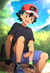 erection male_only masturbation penis pokemon satoshi_(pokemon) shirt_only tshirt