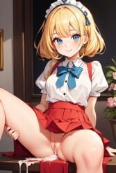 after_sex after_vaginal ai_generated blonde_female blonde_hair blue_eyes casual clothed cum cum_in_pussy cum_on_body dress human jsmithy114 no_panties sitting_on_chair skirt smiling smiling_at_viewer