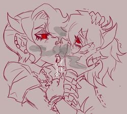 2demons 2girls female hand_on_another's_face hand_on_another's_head helltaker incest kissing malina_(helltaker) multiple_girls rolling_eyes saliva sisters ungulatr yuri zdrada_(helltaker)