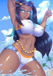 1girls 2020 abs alternate_breast_size arm_up armpits beach belly blue_eyes blue_hair booty_shorts cameltoe creaturecola dark-skinned_female dark_skin erect_nipples eye_contact fit gym_leader half-closed_eyes huge_breasts human long_hair looking_at_viewer midriff muscular muscular_female navel nessa_(pokemon) nintendo nipple_bulge outdoors pokemon pokemon_ss pose solo sports_bra thick_thighs thigh_gap water wet wide_hips