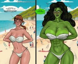 abs artist_signature beach before_and_after belly_button big_breasts breast_expansion cloudy_sky detailed_background embarrassed_female funny glasses growth hair_growth hands_behind_back hulked_out hulking_out jennifer_walters marvel marvel_comics nipple_visible_through_clothes outdoors post_transformation sea shaved_armpit she-hulk slim_waist suprised_look swearing tagme tan_lines tanned topless_bikini transformation wide_hips