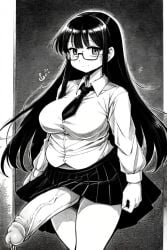 ai_generated annie_(furryroxxie) black_and_white chubby chubby_belly chubby_female chubby_futanari flaccid flaccid_futa futa_focus futa_only futanari glasses manga_style nerd nerdy nerdy_female oblivious penis penis_out penis_slip school_uniform schoolgirl skirt uniform