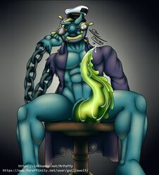 1boy 2020 abs anthro anthrofied bara barefoot belly big_penis cape chains chair dated dhelmise eye_contact feet green_penis green_skin half-closed_eyes hat hi_res huge_cock humanoid long_penis looking_at_viewer male male_only monocle mr._paffy muscular muscular_male navel nintendo no_nipples original_character penis pokémon_(species) pokemon pokemon_sm precum seaweed seductive sitting slit solo tapering_penis text thick_penis thick_thighs unusual_genitalia unusual_penis url video_games watermark wet