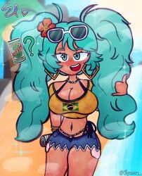 1girls absurd_res alcohol artist_name artist_signature asking_viewer beach beach_background big_breasts blush booty_shorts bracelet brazil brazilian brazilian_female brazilian_flag brazilian_miku breasts cerveza_cristal cristal_(cuban_beer) cyan_hair female female_focus female_only flower flower_in_hair hand_gesture hatsune_miku jorts looking_at_viewer necklace question_mark shades shorts sparkles spunow_ sunglasses sunglasses_on_head sweat sweatdrop sweating sweaty tagme tan tan_body tan_skin tank_top tanline tanned vocaloid